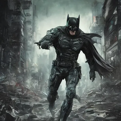 Prompt: Very dark black and green evil distant future tech batman. Accurate. realistic. evil eyes. Slow exposure. Detailed. Dirty. Dark and gritty. Post-apocalyptic Neo Tokyo. Futuristic. Shadows. Sinister. Armed. Fanatic. Intense. 