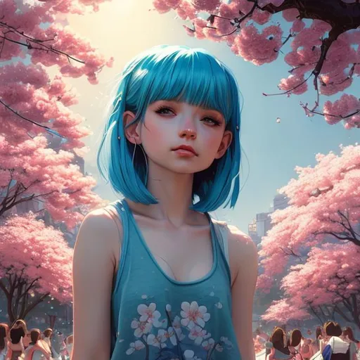 Prompt: hd photograph of a pretty girl with blue hair, wearing a tank top and shorts, relaxing under a cherry blossom tree, summer day, in the style of ilya kuvshinov, dramatic lighting, fantasy, intricate, elegant, highly detailed, lifelike, photorealistic, digital painting, bokeh, hdr, high resolution, artstation, concept art, smooth, sharp focus, art by krenz cushart and albert aublet, in a full-length swimsuit