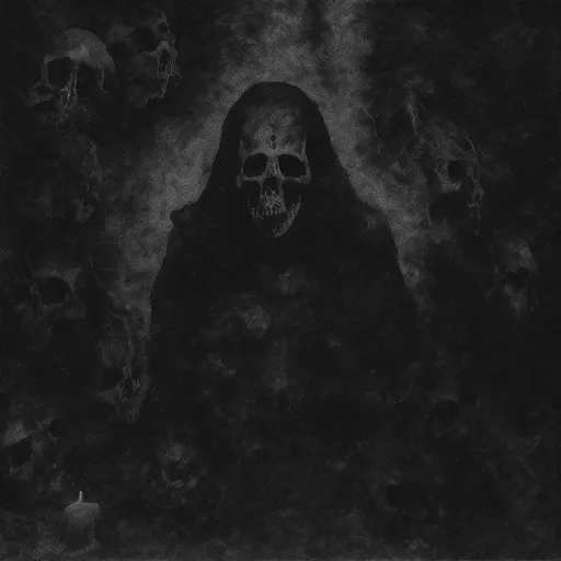Prompt: High quality artwork for a black metal album.  Dead priests praying and worshipping the darkness around the catacomb with coffins all over. Surrounded by the fog.