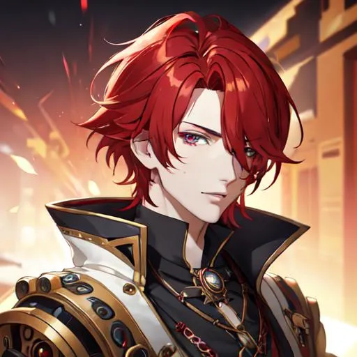 Prompt: Zerif 1male (Red side-swept hair covering his right eye) steampunk, UHD, 8K, highly detailed