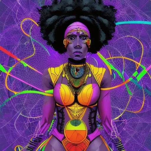 Prompt: african american woman mapping the omniverse, dynamic action, colorful,  tenebrism + weird core art