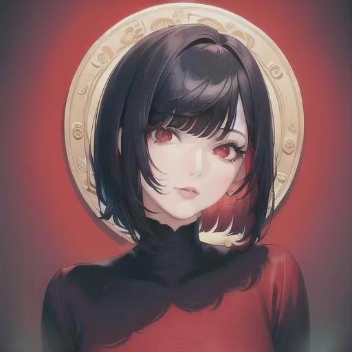 Prompt: (masterpiece, illustration, best quality:1.2), head titled sideways, in a fully red ocean, short trimmed black hair, red eyes, best quality face, best quality, best quality skin, best quality eyes, best quality lips, ultra-detailed eyes, ultra-detailed hair, ultra-detailed, illustration, colorful, soft glow, 1 girl