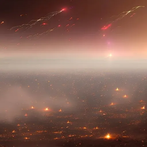 Prompt: Invasion of millions of aliens going to war fighting, lasers, cloudy, dusty, confusing, chaotic, dark, smoky, fire