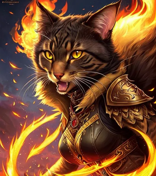 Prompt: (((tabaxi))) anthropomorphic female cat furry with black fur and yellow eyes with claws on the hands and wearing leather armor and has fire magic, Poster art, high-quality high-detail highly-detailed breathtaking hero ((by Aleksi Briclot and Stanley Artgerm Lau)), - ((a cat )) full form, epic, 8k HD, sharp focus, ultra realistic clarity. Hyper realistic, Detailed face, portrait, realistic, close to perfection, full body, high quality cell shaded illustration, ((full body)), dynamic pose, centered, freedom, soul, approach to perfection, cell shading, 8k , cinematic dramatic atmosphere, watercolor painting, global illumination, detailed and intricate environment, artstation, concept art, fluid and sharp focus, volumetric lighting, cinematic lighting, 