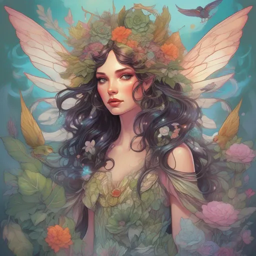 Prompt: A colourful and beautiful head to toe Persephone as a fairy with iridescent fairy wings; with succulent, feathers and gems in her brunette hair. In a beautiful flowing dress made of plants. Surrounded by birds and clouds, in a painted style in a marvel comics style