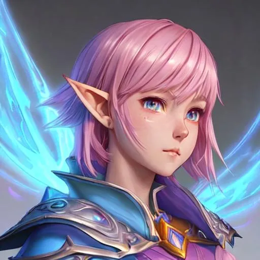 Prompt: female astral elf oath of wile Paladin character concept art and illustration by akihiko yoshida, style of pixar, amazing detailed face closeup, short wolf haircut pink hair, big beautiful eyes swirl with iridescent colors, wearing traveler's clothes, action, madhouse and kyoani character face, cute, pretty girl, portrait, pixiv, artstation, spectacular details, Volumetric Lighting, Dramatic lighting