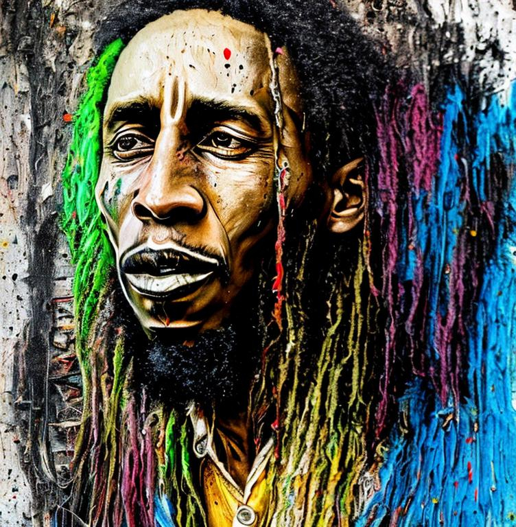 Grungy style painting of illusion of a bob marley, a...