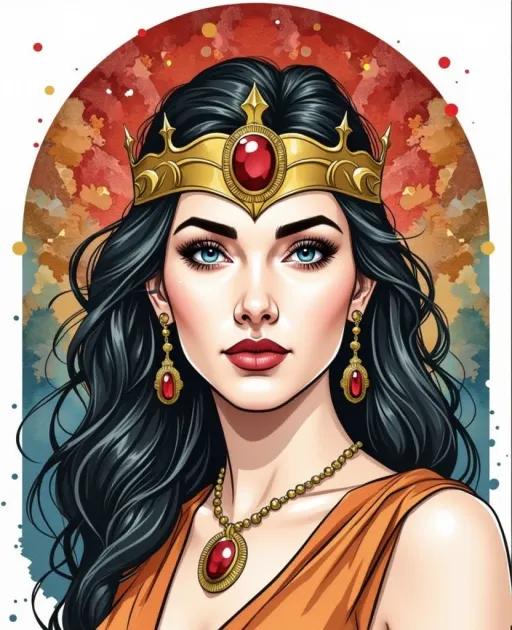 Prompt: This is a digital drawing in a comic book style, depicting a portrait of a woman with a regal and powerful appearance. She has long, wavy black hair that cascades over her shoulders and wears a golden tiara with a large red gem at the center. Her eyebrows are thick and arched, her eyes are blue, and she has full, dark red lips. She is dressed in an orange, sleeveless gown that exposes her shoulders. She also wears a gold necklace with a large red gem and matching gold earrings with red oval gems. The background is a gradient of warm colors, transitioning from red at the top to blue at the bottom, with a textured pattern resembling scales or feathers. The drawing uses bold, black outlines and a vibrant color palette, typical of comic book art. The overall style is reminiscent of classic superhero comic book illustrations, with a focus on bold colors and dynamic lines. The woman's confident and commanding expression, combined with her royal attire and accessories, conveys strength and authority.