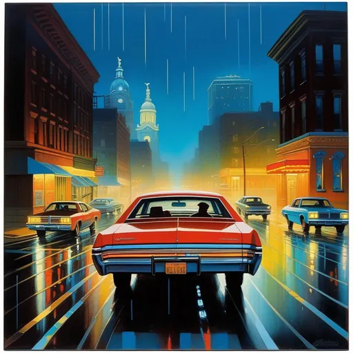 Prompt: 1970s, Philadelphia at night, neon, car chase, rain, fog, cold blue atmosphere, cartoony style, extremely detailed painting by Greg Rutkowski and by Henry Justice Ford and by Steve Henderson