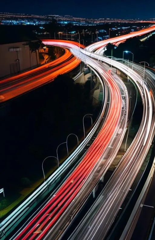 Prompt: ariel view, long-shot
Long-exposure night photography of traffic, with light trails
