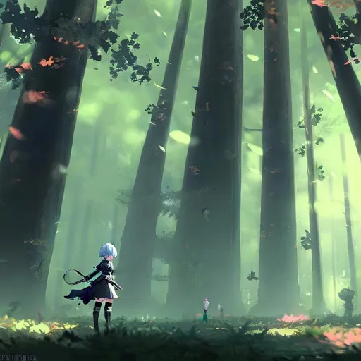 Prompt: Nier Automata 2B, forest background, rich vivid colors, ambient lighting, dynamic lighting, 16K,HQ, official media, anime key visual, rossdraws, detailed, trending on artstation