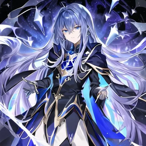 Prompt: Sapphire blue asassin cloak cloak, long galactic hair, gold eyes, male, black wings, 8k,
