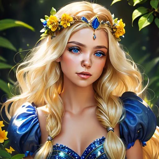 Prompt: Pixie dust princess, long blonde hair, sapphire eyes,  crown of yellow flowers in her hair,  facial closeup