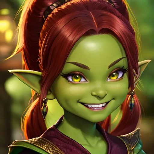 Prompt: oil painting, D&D fantasy, young green-skinned-goblin girl, green-skinned-female (tiny petite body), beautiful face, mischievous grin, short fiery red hair, pigtails, pointed ears, fangs, looking at the viewer, wearing adventurer's outfit #3238, UHD, hd , 8k eyes, detailed face, big anime dreamy eyes, 8k eyes, intricate details, insanely detailed, masterpiece, cinematic lighting, 8k, complementary colors, golden ratio, octane render, volumetric lighting, unreal 5, artwork, concept art, cover, top model, light on hair colorful glamourous hyperdetailed medieval city background, intricate hyperdetailed breathtaking colorful glamorous scenic view landscape, ultra-fine details, hyper-focused, deep colors, dramatic lighting, ambient lighting god rays, flowers, garden | by sakimi chan, artgerm, wlop, pixiv, tumblr, instagram, deviantart