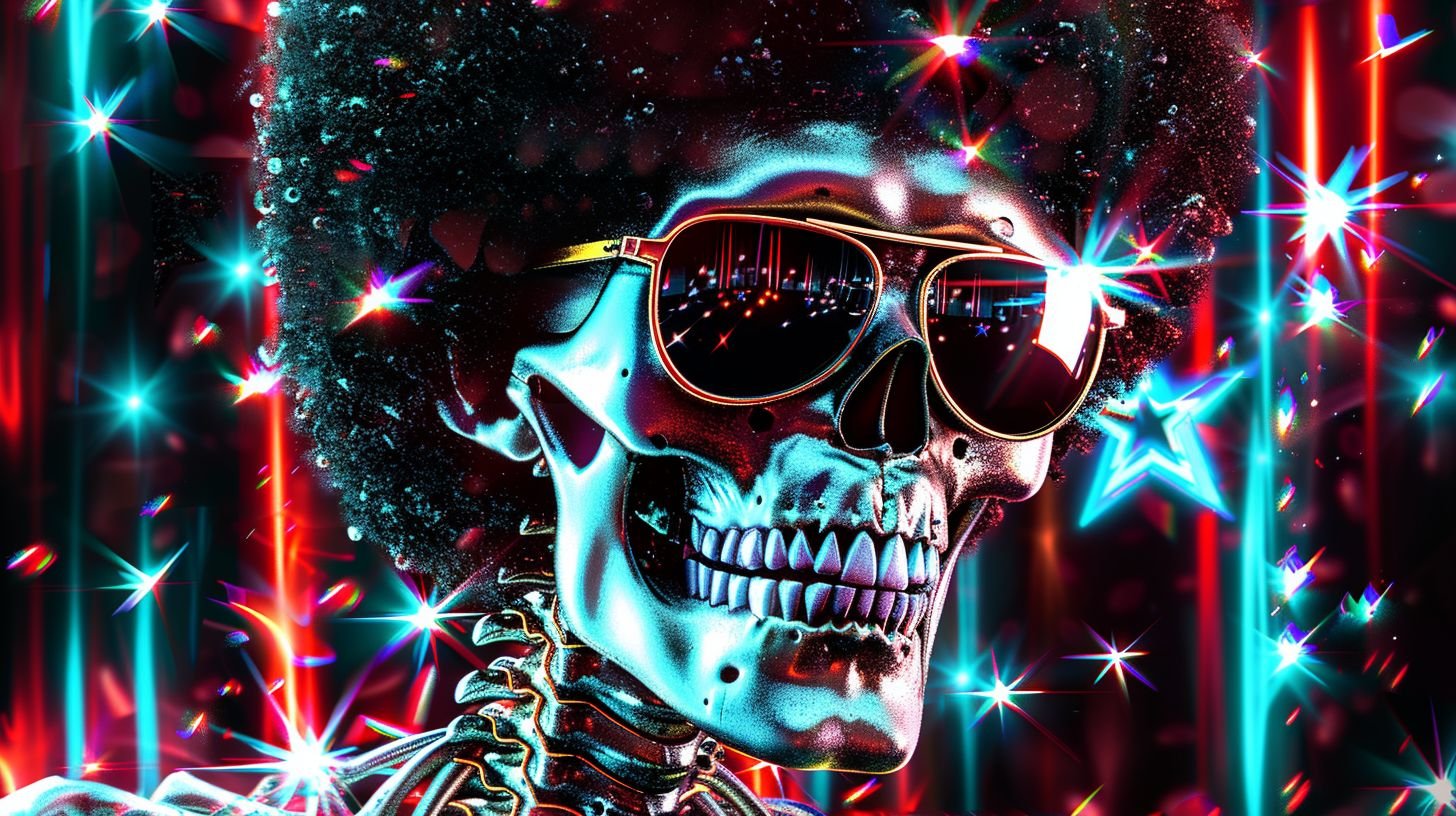 Prompt: skeleton with a curly afro, sunglasses, star, video glitches, cinema4d, mosaic, ansin, cyberpunk --ar 16:9 --sref https://s.mj.run/X-dXKRVOo7Q --stylize 250 --v 6