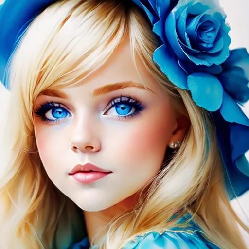 Prompt: baby  girl with very light blonde hair and big blue eyes wearing a blue dress, closeup