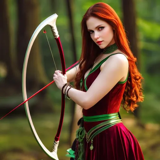 Prompt: professional modeling photo live action human woman hd hyper realistic beautiful scottish warrior woman red hair fair skin green eyes beautiful face green velvet dress silver jewelry enchanting forest at night hd background with live action realistic bow and arrow