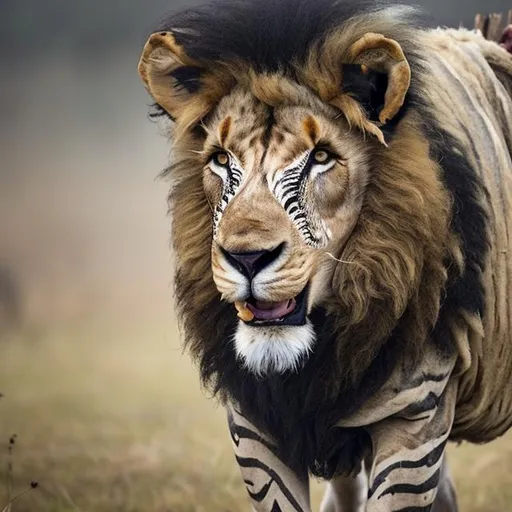 Prompt: Hybrid, lion, half sheep, half zebra, and half buffalo, 4k. realistic, with blood on its mouth, gore.
