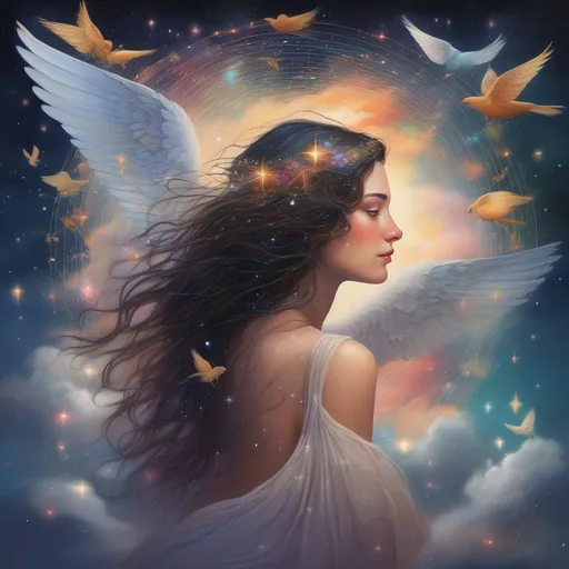Prompt: Colorful and beautiful Persephone with angel wings on her back with brunette hair and light freckles, surrounded by clouds and birds in flight framed by constellations and stars
