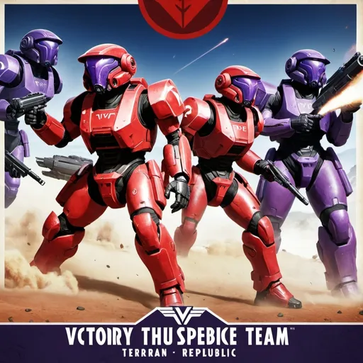 Prompt: "Design a modern-style propaganda poster depicting the powerful red TR (Terran Republic) team defeating the purple VS (Vanu Sovereignty) team. The TR soldier should be bold, dynamic, and dominant, using wartime imagery like red killing purple. The VS team should appear weak and defeated under the force of the TR. Include a short slogan at the top in bold, vintage typography: 'Victory Through Strength.' Use a classic planetside2 color palette with an emphasis on red for the TR, while the VS color should be secondary."