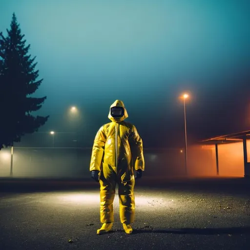 Prompt: Guy in a hazmat suit standing at an empty parking lot at night with fog