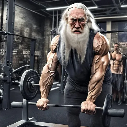 Prompt: a realistic photo of a buff dumbledore next to a bench press station