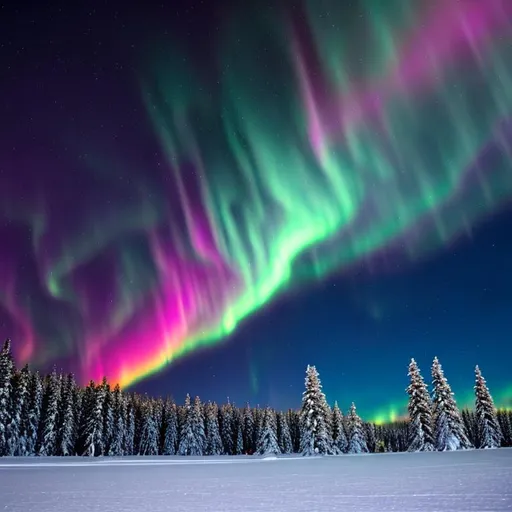Prompt: Fiery rainbow phoenix flying through a dark night sky, leaving an aurora in its wake over a mystical crystalline winter forest, light sparkling off the ice