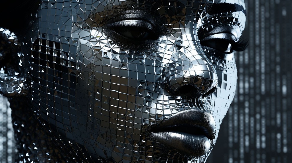 Prompt: wire mesh background digital woman head, in the style of sci-fi noir, dogon art, daz3d, 8k resolution, intricate painting, pixelated realism, dark black and silver