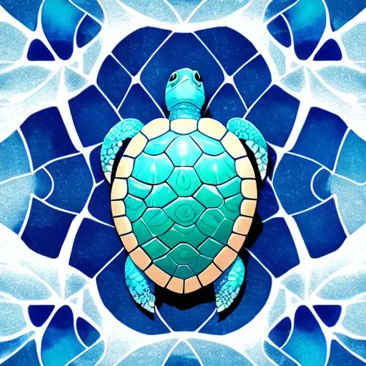 Prompt: A perfectly symetrical turtle with an beautiful symetrical shell and an oceanblue background in an comicstyle, 4k