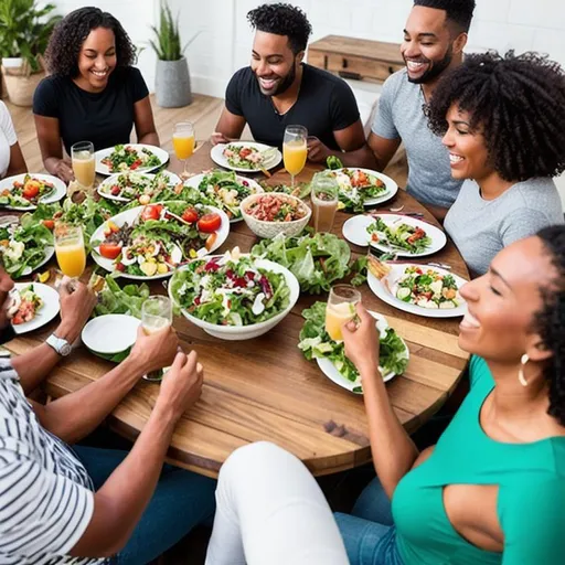 Prompt: group of people sat around a table eating salads