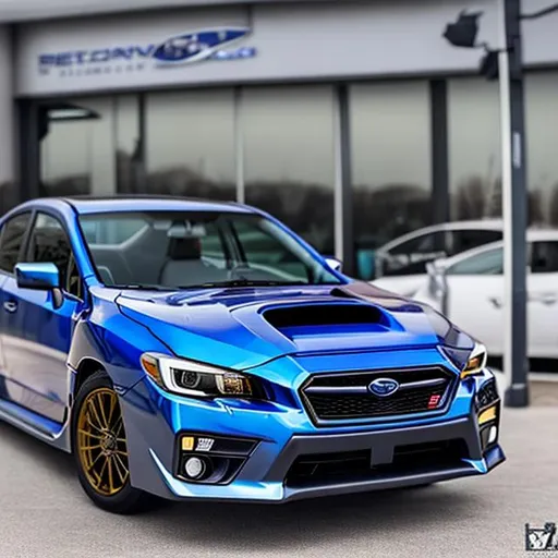 Prompt: A very realistic Subaru WRX 2016 blue pearl color with gray hood color