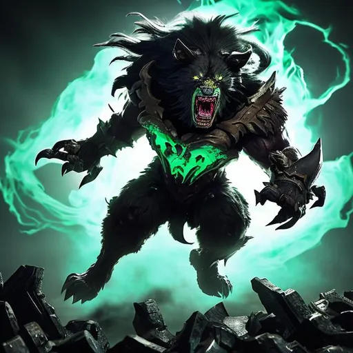 Prompt: A man with a lengthy, rough black-colored mullet, his mint-green aura of mist and shadow swirling around his wolf-like stature, dashes forwards while growling in a bestial rage, slamming his metallic gauntlet into the chest of his assigned prey, who seems to take more damage than expected.