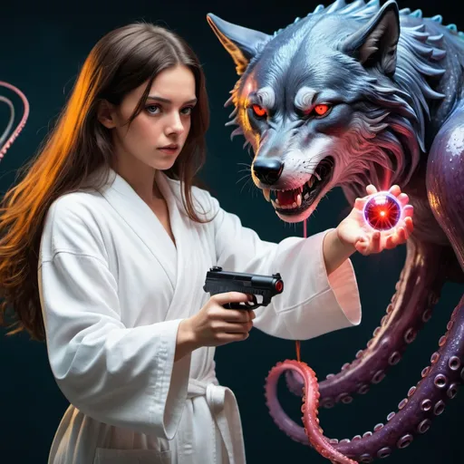 Prompt: A brunette girl in a white robe uses a rainbow laser to defeat a black octopus with a wolf head and red eyes 