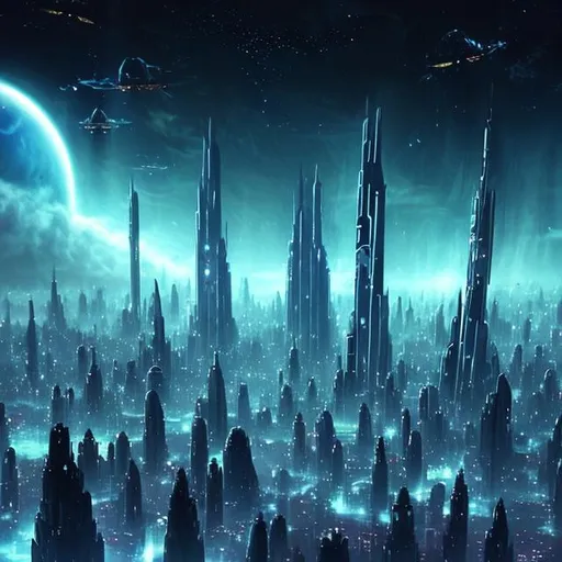 Prompt: Futuristic Tall black towers on deep dark ocean dark sky spaceships night lights hover ships dark tall city lots and lots of small floating ships hovering above clouds big planet with rings closeby spaceships hovering super tall mega skyscraper