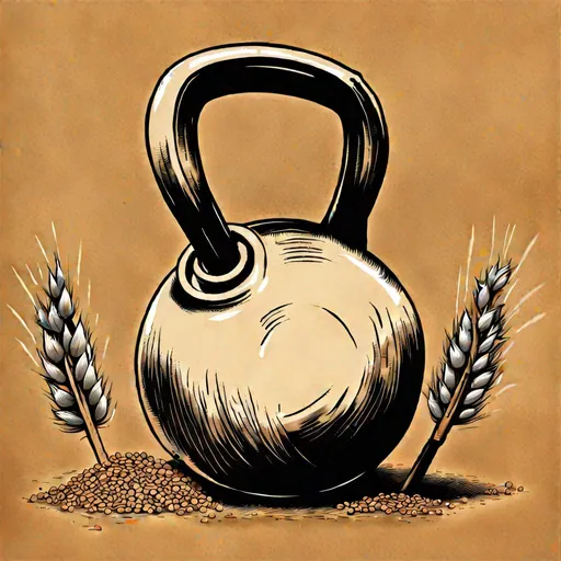 Prompt: draw a kettlebell with a roman wreath out of grain. 

