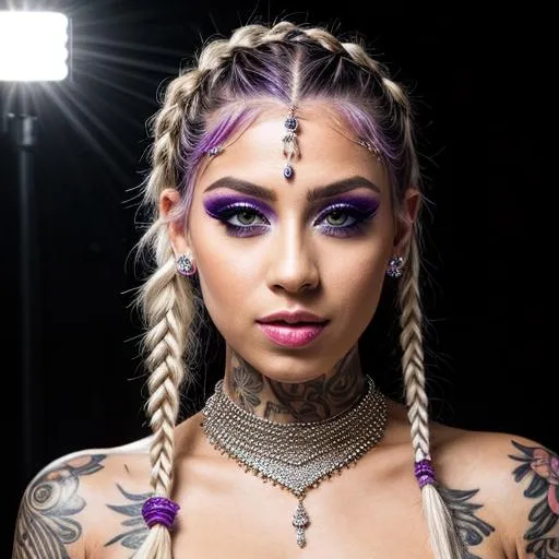 Prompt: female with glittery eye makeup, white tattoos, braided purple hair, hd, face jewels