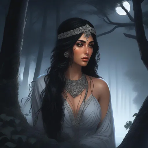 Prompt: highest quality anime art masterpiece, digital drawing, armenian woman with long black hair:vistani, sad in a forest on a dark foggy night, tanned skin:2, waxing moon, huge hooked aquiline algerian nose, ethereal, jewelry set, highres, realistic, highly detailed, fantasy, gypsy, roma, D&D, Ravenloft, by Ilya Kuvshinov