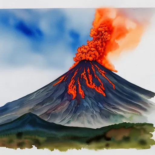 Cartoon hand drawn volcano eruption engraving Vector Image