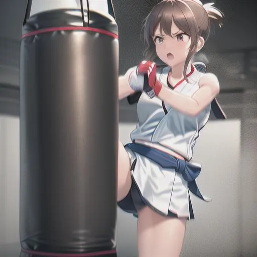 Prompt: Karate girl punching bag punchingbag training dojo