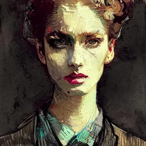 Prompt: Prompt:  Incredibly beautiful portrait of a skinny woman , fierce, diaphanous, intricate, Ink wash and pastel over traces of black chalk on paper by Van Gogh, ismail inceoglu 
