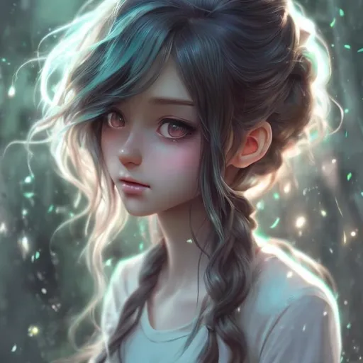Prompt:  Realistic girl in anime, hyper detailed, long green wavy hair in a messy bun anime girl highly full character visible, soft lighting, high definition, ultra realistic, digital art.