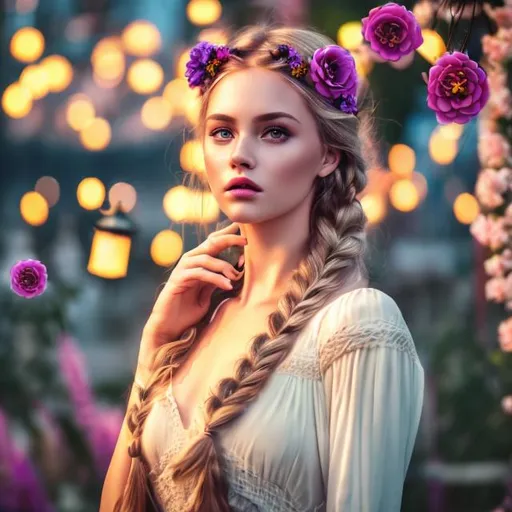 Prompt: professional modeling photo live action human woman hd hyper realistic beautiful German woman long blonde braided hair with flower crown fair skin green eyes beautiful face pink and purple dress and flowers enchanting tower at night hd background with live action realistic lanterns