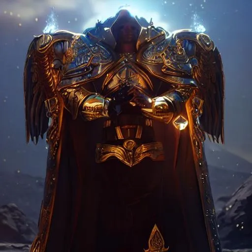 Prompt: epic paladin wearing heavy armor made of white crystals , golden and blue ornate around the armor, Angel wings, fire sword raised in the right hand, symmetrical body, hyperrealistic, intricate details, shiny, cinematic, unreal engine, artstation, 8k