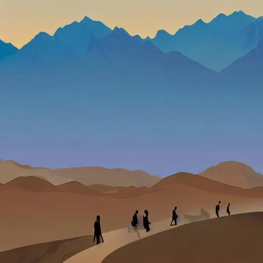 Prompt: An illustration of the Afghanistan landscape, dry deserts and high peaky mountains where women, young and very young can be seen in the distance where are carrying books, with the light color tones of orange and blue with as little details as possible 