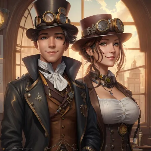 Prompt: digital painting, steampunk teachers with smile, classroom as background, Full-body portrait, detailed beautiful eyes, epic full scatter school supplies in background, highschool, windows  showing sunny day with clouds, 8k, trending on Artstation, highly detailed, 