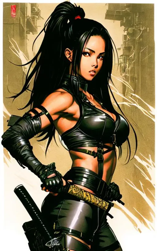 Prompt: (((Yoji Shinkawa))), sticker of ultra detailed portrait of Aaliyah Dana Haughton in black ninja outfit holding sheathed katana, high quality cell shaded illustration in post apocalyptic style by Yoji Shinkawa, ((full body)), dynamic pose, perfect anatomy, centered, freedom, soul, black long hair, approach to perfection, cell shading, 4k , cinematic dramatic atmosphere, watercolor painting, global illumination, detailed and intricate environment, artstation, concept art, fluid and sharp focus, volumetric lighting, cinematic lighting, Art by Yoji Shinkawa,