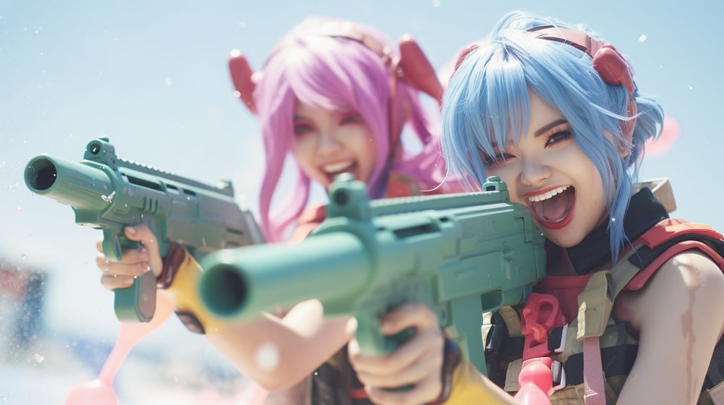 Prompt: close up of faces of two young anime girls posing in army outfit and army caps with big water guns smiling