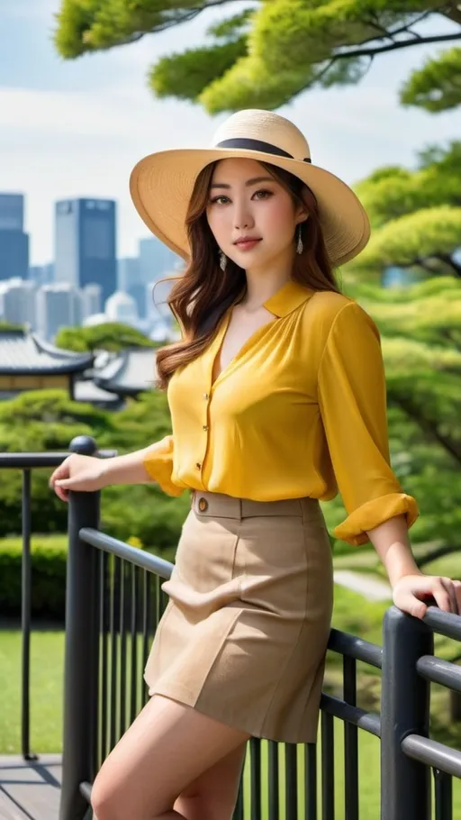 Prompt: Beautiful curvaceous young Japanese woman is leaning on a railing, community park background, chestnut hair, vibrant gray eyes, unbuttoned yellow blouse, khaki miniskirt, long shapely legs, suede sandals, yellow sun hat, perfect diamond face, bold makeup, buxom, hourglass feminine physique, sun shine, high-res, fashion photography, realistic, artistic, relaxed pose, summer fashion, light earth tone color scheme, high detail, high quality, Tokyo park setting, skyline in the background.