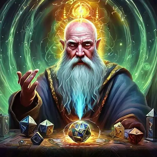 Prompt: God Wizard with no hair sitting at a table with an glowing orb on the table and an 20 sided rpg dice in on the table. style is epic and mystic like a fantasy painting
