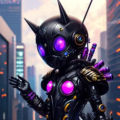 Prompt: kawaii cartoon, symbiote venom cyberpunk style in armor, baby, black gold vivid colors, mechanical face, surrealism, super cute, beautiful composition, ultra realistic details, trending on artstation